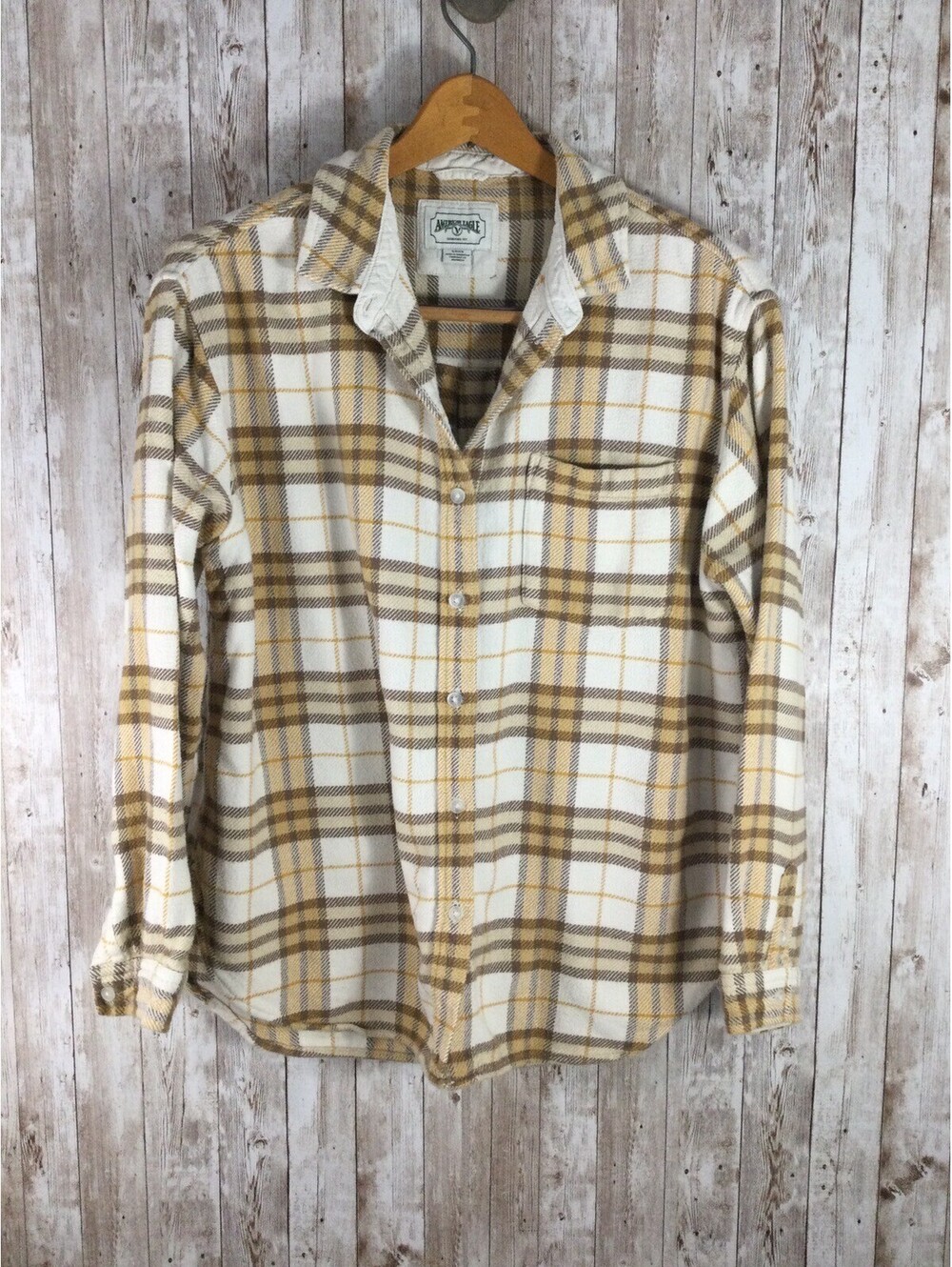 American Eagle Tan Yellow Plaid Flannel Button Up Top Distressed Cotton